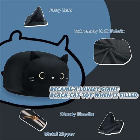 Stuffed Animal Storage Bean Bag Chair Cover for Kids Black Cat Beanbag Chair - Picture 4 of 7